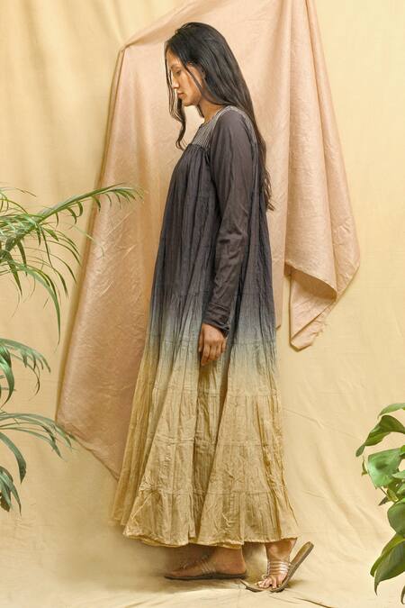 Shop_Chambray & CO._Blue Cotton Embroidery Round Neck Ombre Flowy Tiered Dress _Online_at_Aza_Fashions