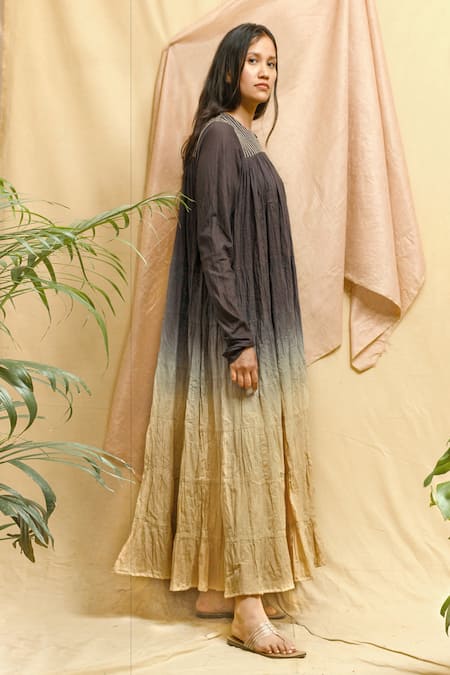 Chambray & CO._Blue Cotton Embroidery Round Neck Ombre Flowy Tiered Dress _at_Aza_Fashions