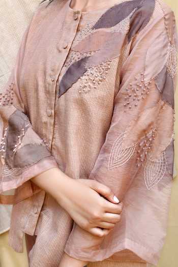Chambray & Co._Pink Chanderi, Organza, Poplin Applique Round Neck Shirt And Pant Set _at_Aza_Fashions