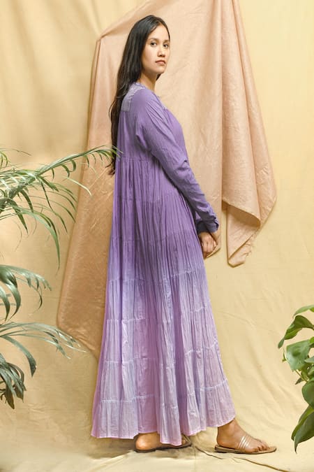 Chambray & CO. Purple Cotton Embroidery Round Neck Ombre Maxi Dress at Aza Fashions Chambray & CO._Purple Cotton Embroidery Round Neck Ombre Maxi Dress _at_Aza_Fashions