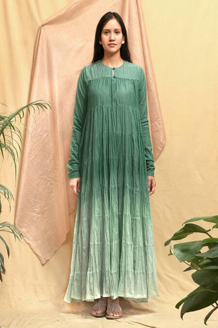 Shop Chambray & CO. Green Cotton Embroidery Round Neck Ombre Tiered Maxi Dress Online at Aza Fashions Shop_Chambray & CO._Green Cotton Embroidery Round Neck Ombre Tiered Maxi Dress _Online_at_Aza_Fashions