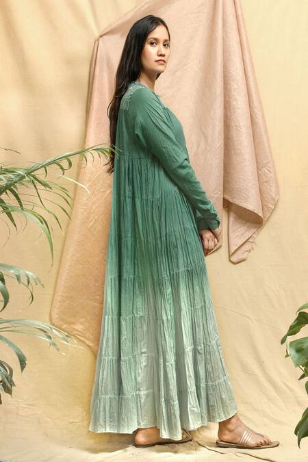 Chambray & CO. Green Cotton Embroidery Round Neck Ombre Tiered Maxi Dress at Aza Fashions Chambray & CO._Green Cotton Embroidery Round Neck Ombre Tiered Maxi Dress _at_Aza_Fashions