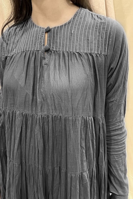 Buy Chambray & CO. Grey Cotton Embroidery Round Neck Tiered Maxi Dress Online at Aza Fashions Buy_Chambray & CO._Grey Cotton Embroidery Round Neck Tiered Maxi Dress _Online_at_Aza_Fashions