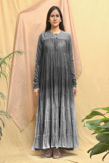 Shop Chambray & CO. Grey Cotton Embroidery Round Neck Tiered Maxi Dress Online at Aza Fashions Shop_Chambray & CO._Grey Cotton Embroidery Round Neck Tiered Maxi Dress _Online_at_Aza_Fashions