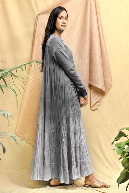 Chambray & CO. Grey Cotton Embroidery Round Neck Tiered Maxi Dress at Aza Fashions Chambray & CO._Grey Cotton Embroidery Round Neck Tiered Maxi Dress _at_Aza_Fashions