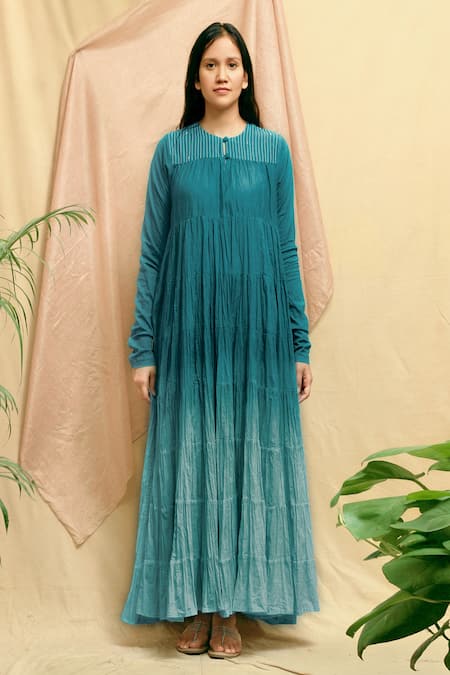 Shop Chambray & CO. Blue Cotton Embroidery Round Neck Ombre Flowy Dress Online at Aza Fashions Shop_Chambray & CO._Blue Cotton Embroidery Round Neck Ombre Flowy Dress _Online_at_Aza_Fashions