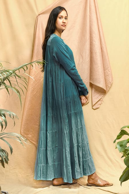 Chambray & CO. Blue Cotton Embroidery Round Neck Ombre Flowy Dress at Aza Fashions Chambray & CO._Blue Cotton Embroidery Round Neck Ombre Flowy Dress _at_Aza_Fashions