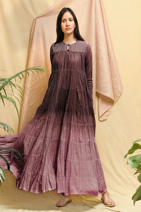 Chambray & CO. Wine Cotton Embroidery Round Neck Yoke Maxi Dress Online at Aza Fashions Chambray & CO._Wine Cotton Embroidery Round Neck Yoke Maxi Dress _Online_at_Aza_Fashions