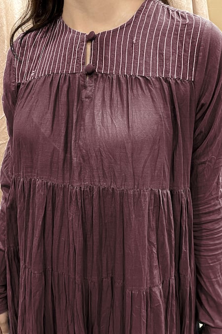 Buy Chambray & CO. Wine Cotton Embroidery Round Neck Yoke Maxi Dress Online at Aza Fashions Buy_Chambray & CO._Wine Cotton Embroidery Round Neck Yoke Maxi Dress _Online_at_Aza_Fashions