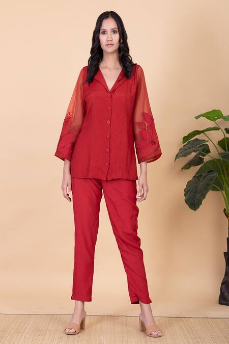 Chambray & CO._Red Silk Embroidery Collared Suzie Sleeve Top And Pant Set _Online_at_Aza_Fashions