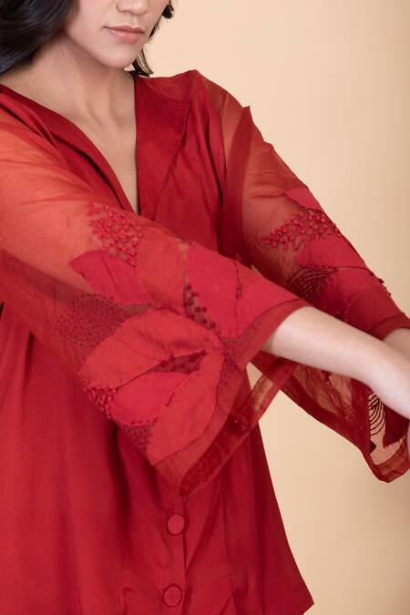 Shop_Chambray & CO._Red Silk Embroidery Collared Suzie Sleeve Top And Pant Set _Online_at_Aza_Fashions