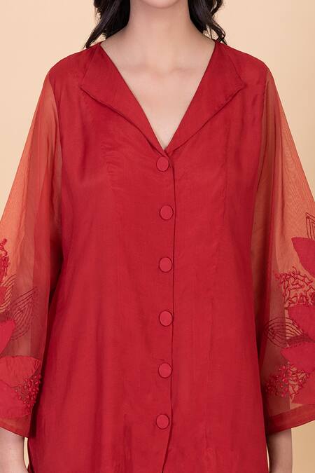 Chambray & CO._Red Silk Embroidery Collared Suzie Sleeve Top And Pant Set _at_Aza_Fashions