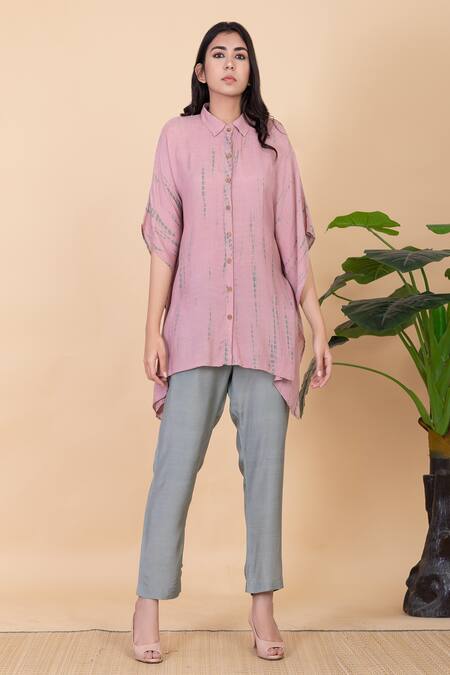 Buy_Chambray & CO._Pink Silk Tassels Collared Blush Tie Dye Kaftan And Sage Green Pant Set _Online_at_Aza_Fashions