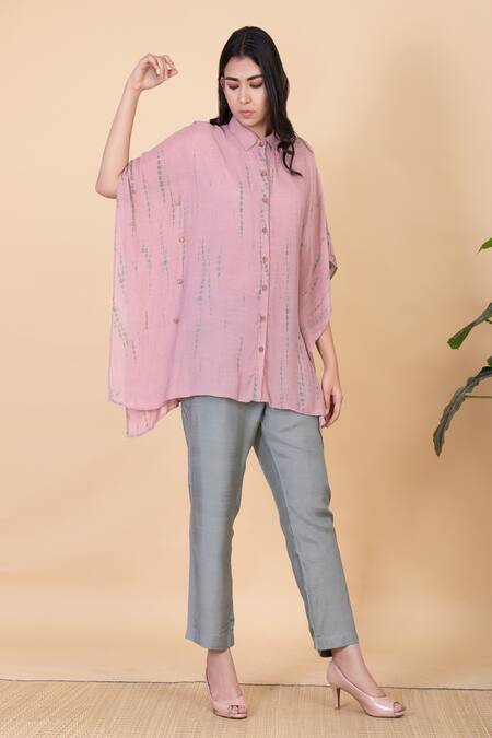 Shop_Chambray & CO._Pink Silk Tassels Collared Blush Tie Dye Kaftan And Sage Green Pant Set _Online_at_Aza_Fashions