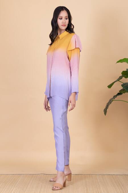 Buy_Chambray & CO._Blue Silk Split V-neck Acai Ombre Shirt And Pant Set _Online_at_Aza_Fashions