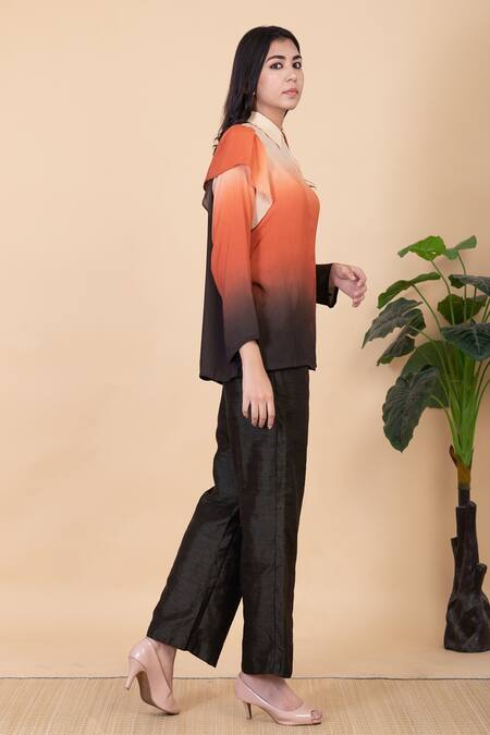 Chambray & CO._Black Silk Split V-neck Aemi Ombre Shirt And Pant Set _Online_at_Aza_Fashions