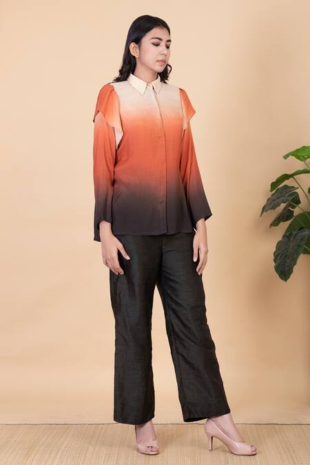 Buy_Chambray & CO._Black Silk Split V-neck Aemi Ombre Shirt And Pant Set _Online_at_Aza_Fashions