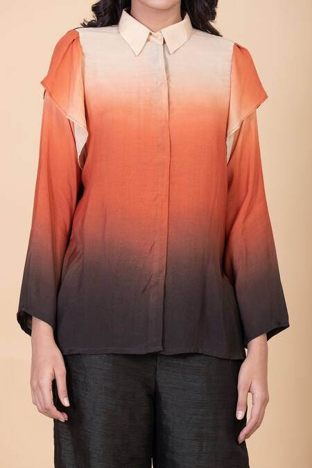 Shop_Chambray & CO._Black Silk Split V-neck Aemi Ombre Shirt And Pant Set _Online_at_Aza_Fashions