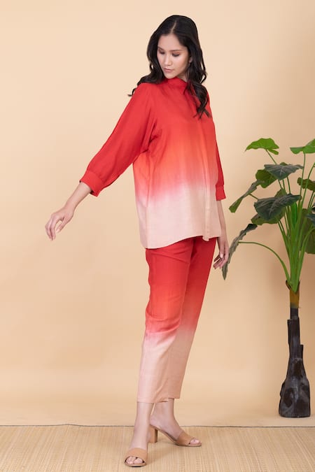 Chambray & CO._Red Silk Split V-neck Kes Ombre Shirt And Pant Set _Online_at_Aza_Fashions