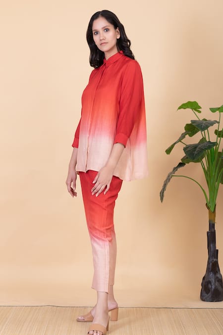 Buy_Chambray & CO._Red Silk Split V-neck Kes Ombre Shirt And Pant Set _Online_at_Aza_Fashions