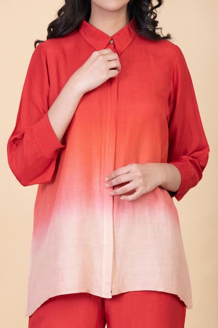 Shop_Chambray & CO._Red Silk Split V-neck Kes Ombre Shirt And Pant Set _Online_at_Aza_Fashions