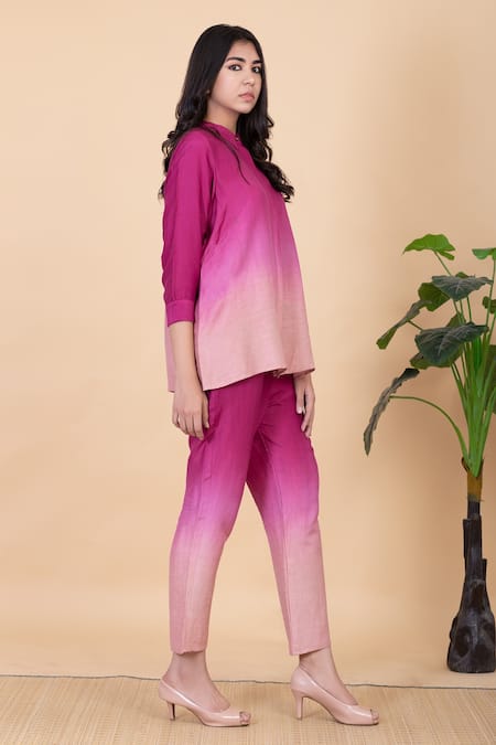 Chambray & CO._Purple All Weather Pure Silk Plain Spread Keah Ombre Dyed Shirt And Pant Set _Online_at_Aza_Fashions