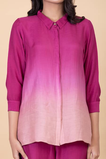 Shop_Chambray & CO._Purple All Weather Pure Silk Plain Spread Keah Ombre Dyed Shirt And Pant Set _Online_at_Aza_Fashions