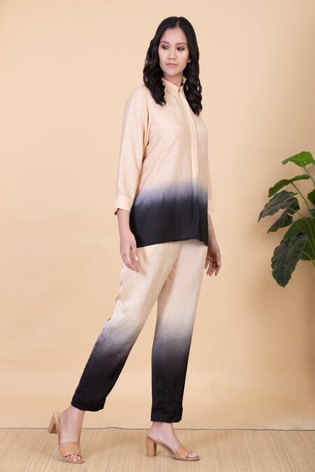 Chambray & CO._Black Silk Split V-neck Lydia Button Down Shirt And Pant Set _Online_at_Aza_Fashions