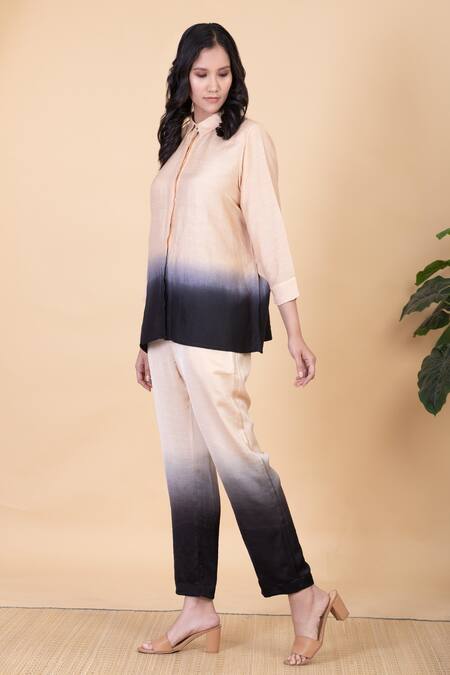 Buy_Chambray & CO._Black Silk Split V-neck Lydia Button Down Shirt And Pant Set _Online_at_Aza_Fashions