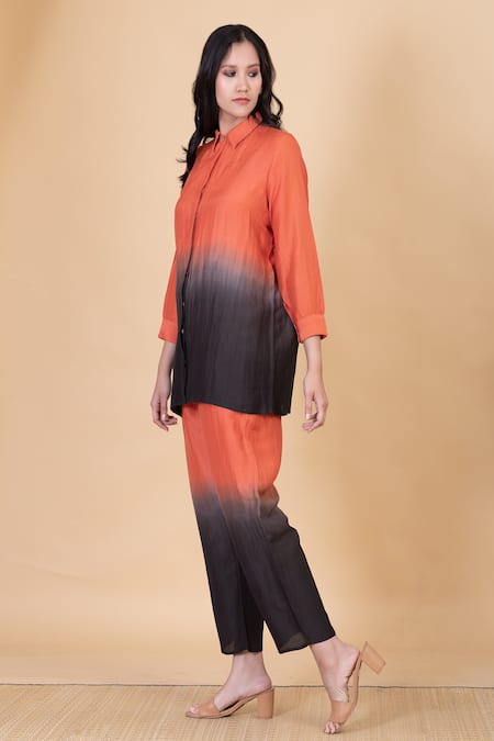Buy_Chambray & CO._Orange Silk Embroidery Split V-neck Bria Colorblock Shirt And Pant Set _Online_at_Aza_Fashions