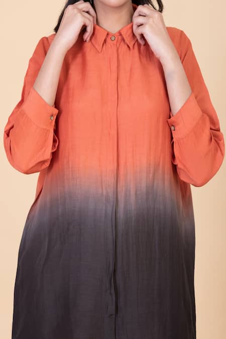 Shop_Chambray & CO._Orange Silk Embroidery Split V-neck Bria Colorblock Shirt And Pant Set _Online_at_Aza_Fashions