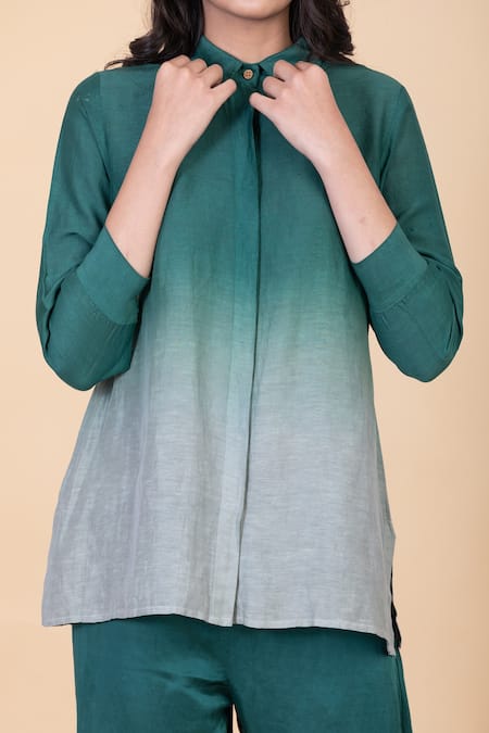 Chambray & CO._Green Silk Collared Aeva Ombre Shirt And Pant Set _Online_at_Aza_Fashions