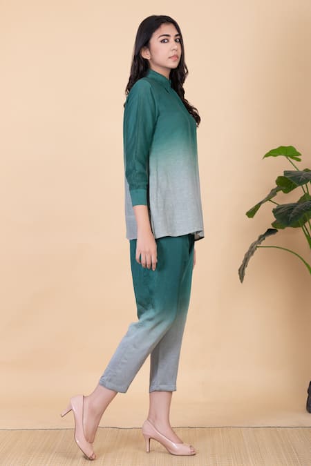 Buy_Chambray & CO._Green Silk Collared Aeva Ombre Shirt And Pant Set _Online_at_Aza_Fashions