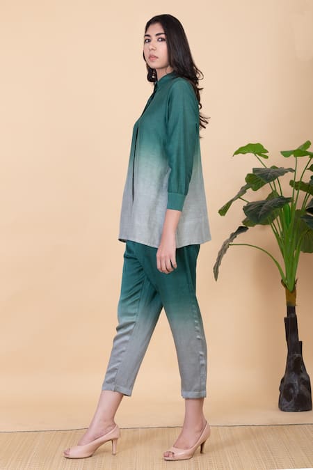 Shop_Chambray & CO._Green Silk Collared Aeva Ombre Shirt And Pant Set _Online_at_Aza_Fashions