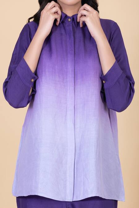 Chambray & CO._Purple Silk Embroidery Split V-neck Amber Spread Collar Ombre Shirt And Pant Set _Online_at_Aza_Fashions
