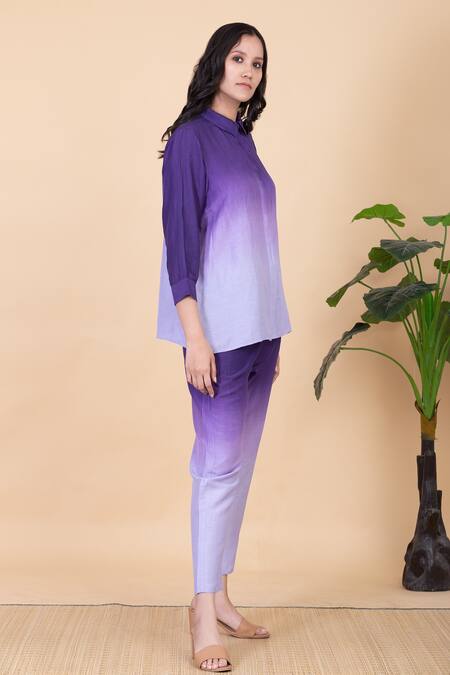 Buy_Chambray & CO._Purple Silk Embroidery Split V-neck Amber Spread Collar Ombre Shirt And Pant Set _Online_at_Aza_Fashions