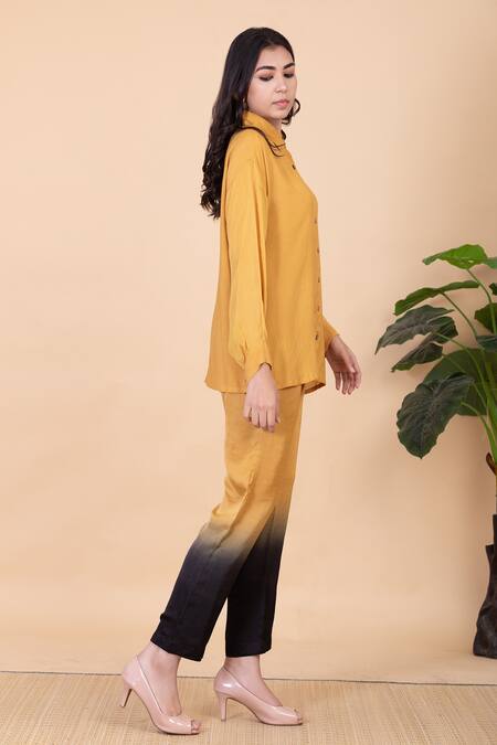 Chambray & CO._Yellow Silk Beads Split V-neck Carol Shirt And Ombre Pant Set _Online_at_Aza_Fashions