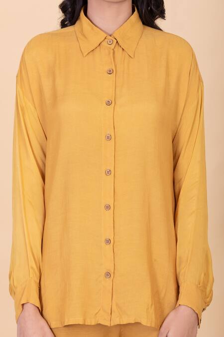 Shop_Chambray & CO._Yellow Silk Beads Split V-neck Carol Shirt And Ombre Pant Set _Online_at_Aza_Fashions