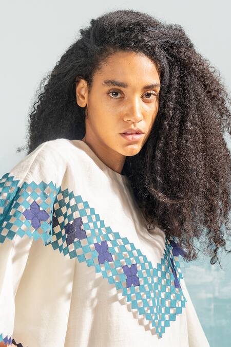 Buy_Ikai By Ragini Ahuja_Ivory Cotton, Silk, Chanderi Round Neck Nile Cape Style Top_Online_at_Aza_Fashions