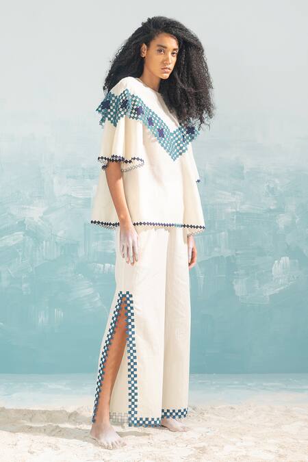 Shop_Ikai By Ragini Ahuja_Ivory Cotton, Silk, Chanderi Round Neck Nile Cape Style Top_Online_at_Aza_Fashions