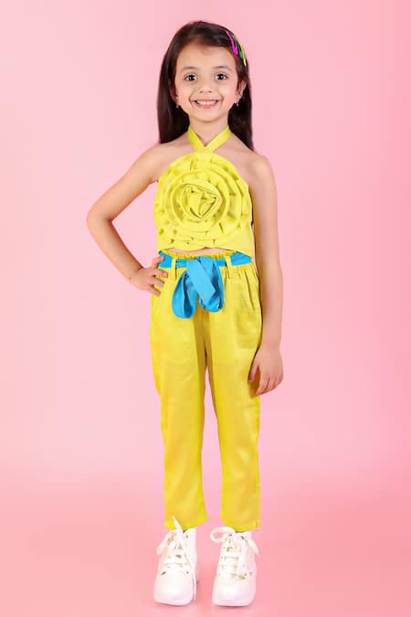 Buy_Lil Drama_Yellow Cotton Fabric Flowers 3d Rose Halter Neck Top And Pant Set _Online_at_Aza_Fashions