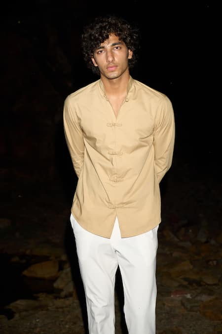 Dash And Dot_Beige 100% Cotton Twisted Button Shirt_Online_at_Aza_Fashions