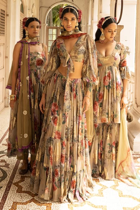 Amrin Khan_Green Georgette And Organza Floral Print & Gota Patti V Neck Layered Lehenga Set _at_Aza_Fashions