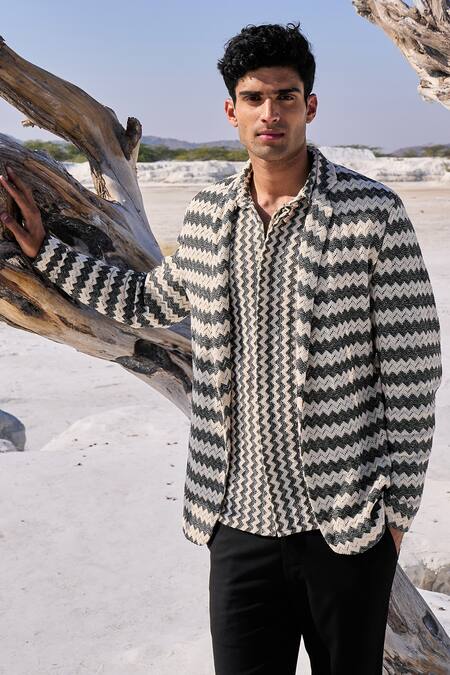 Dash And Dot Beige Cotton Chevron Blazer Online at Aza Fashions Dash And Dot_Beige Cotton Chevron Blazer_Online_at_Aza_Fashions