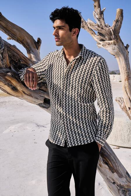 Dash And Dot_Beige Cotton Chevron Pattern Shirt_Online_at_Aza_Fashions