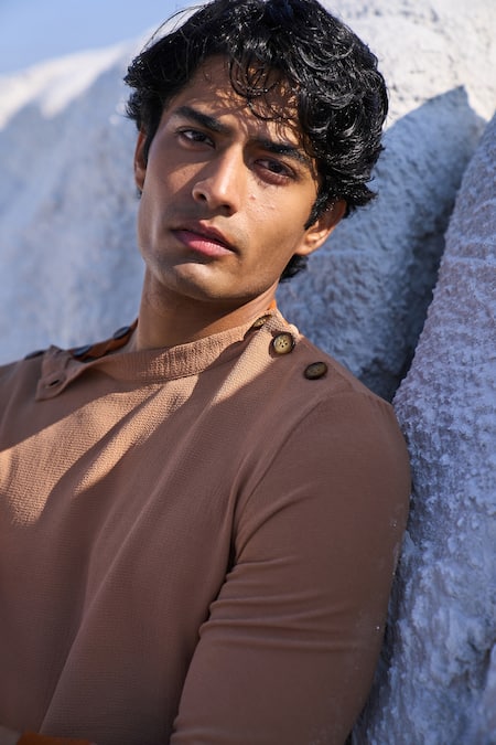 Dash And Dot_Brown Polyester, Spandex Shoulder Placket T-shirt_Online_at_Aza_Fashions