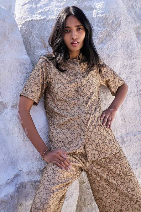 Dash And Dot_Beige Polyester Lace Mandarin Collar Top And Pant Set _Online_at_Aza_Fashions