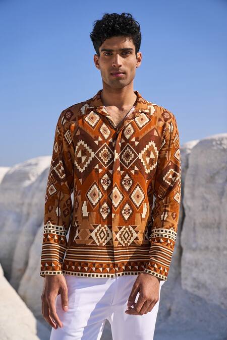 Dash And Dot_Multi Color Tencel Aztec Print Shirt_Online_at_Aza_Fashions