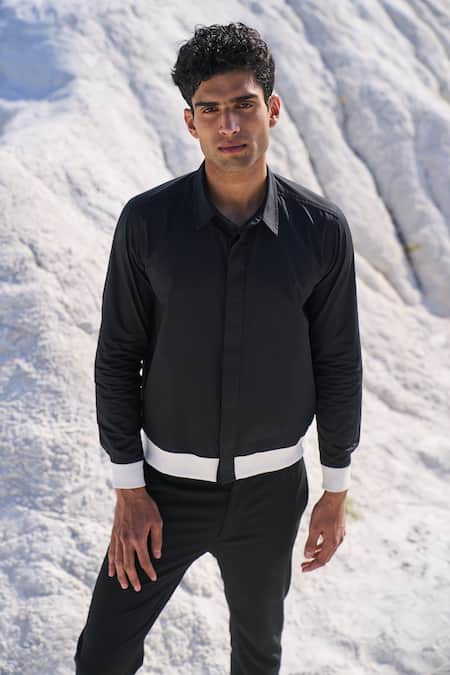 Dash And Dot_Black Cotton Contrast Rib Shirt_Online_at_Aza_Fashions