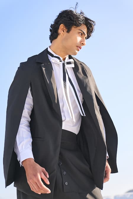 Dash And Dot_Black Polyester, Viscose, Spandex Cape Blazer_Online_at_Aza_Fashions